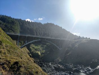 Bridge over mountain against sky