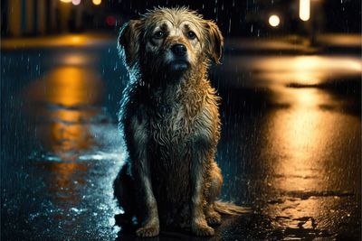 Night shot of homeless abandoned dog with sad smart eyes sitting down. rainy day. generative ai.