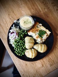High angle view of food served on table