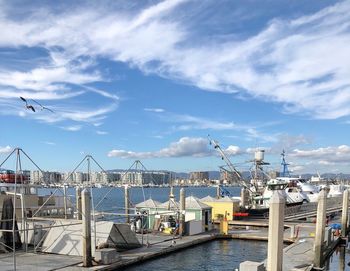 Sailboats in harbor against sky