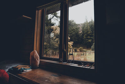 Trees seen through window of house