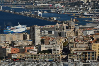 High angle view of buildings in city