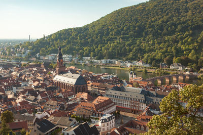 Arch bridge over neckar river by heidelberg castle and old town against tree mountains