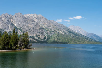 Scenic view of lake by mountain against sky