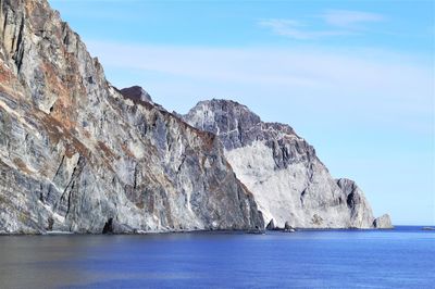 Scenic view of sea and rocky mountains against sky