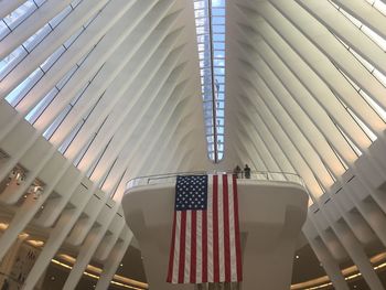 Low angle view of flags hanging on building