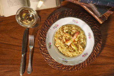 High angle view of food in plate on table