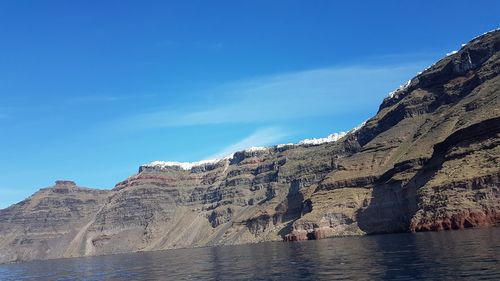 Rock formations by sea against blue sky