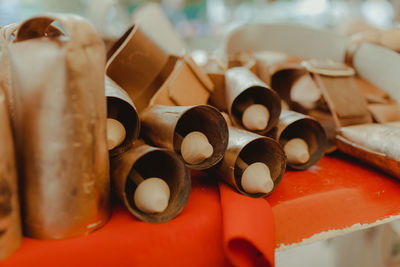 Close up of bells on table