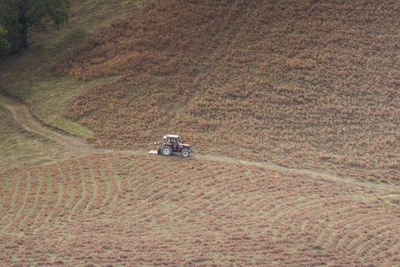 High angle view of tractor on field