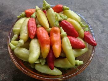 High angle view of chopped vegetables in bowl on table