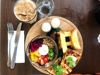 High angle view of breakfast on table