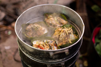 High angle view of food in bowl on table