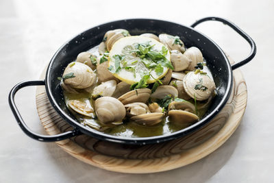 High angle view of food in bowl on table