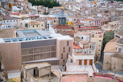 High angle view of buildings in city