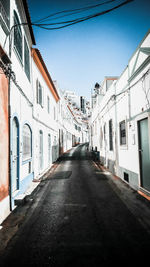 Empty road amidst buildings against sky