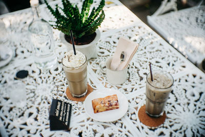 High angle view of breakfast served on table