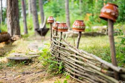 Old rustic wooden fence next to a body of still water