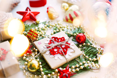 Close-up of christmas decoration on table