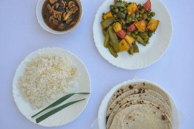 High angle view of meal served on table