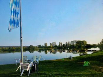 Panoramic view of golf course against sky