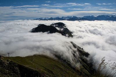 Scenic view of mountains against cloudy sky