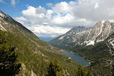 Scenic view of lake and mountains against sky