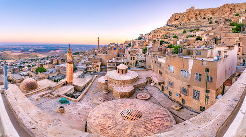 High angle view of buildings in city