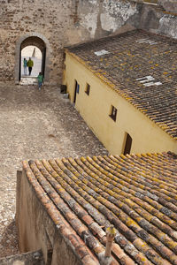 High angle view of people working in building