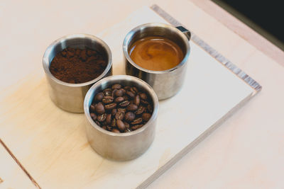 High angle view of coffee on table