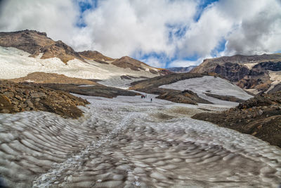 Scenic view of snow covered mountains against sky