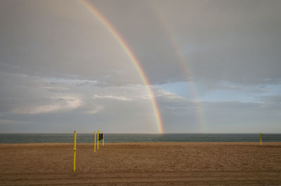 Scenic view of rainbow over sea against sky