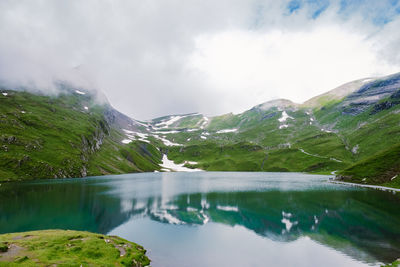 Scenic view of lake and mountains against sky