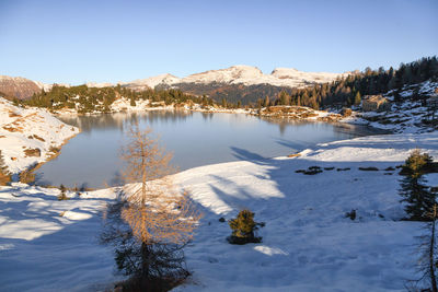 Scenic view of lake against clear sky