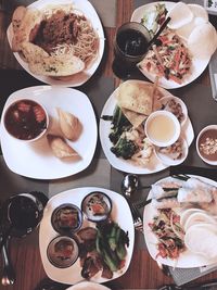 High angle view of food served on table