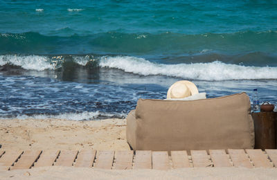 High angle view of hat on beach