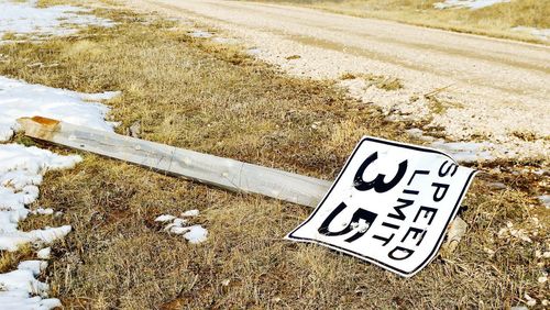 High angle view of text on road