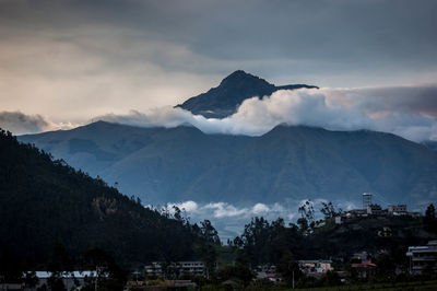 Scenic view of mountains against cloudy sky