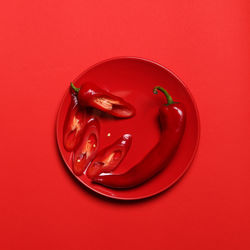 High angle view of red chili pepper