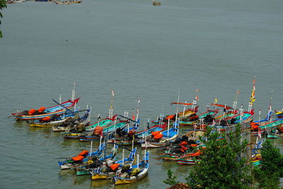 High angle view of boats moored in sea