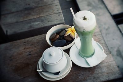 High angle view of breakfast on table