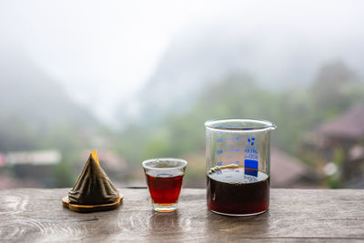 Close-up of tea in glass on table