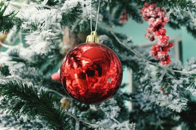 Close-up of christmas decoration hanging on frozen tree