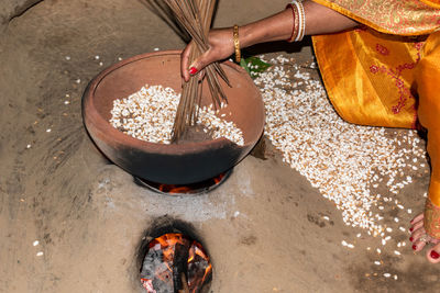 High angle view of person preparing food in kitchen