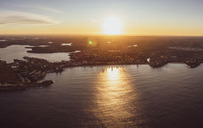 High angle view of sea against sky during sunset