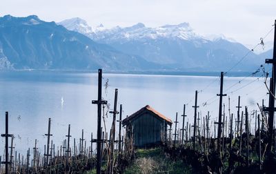 Scenic view of sea and mountains against sky