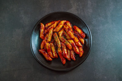 High angle view of meat in cooking pan