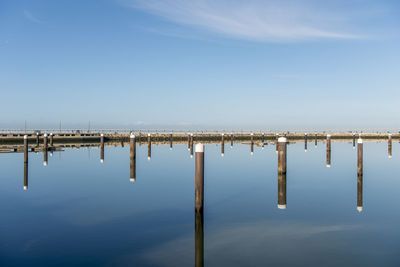 A horizontally perfectly divided image wooden posts perfectly reflected in the absolutely calm water