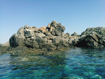 Scenic view of sea against clear blue sky