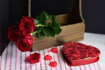 High angle view of rose bouquet on table